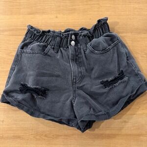 Forever 21 Black Denim High Waisted Paperbag Shorts Distressed Size S